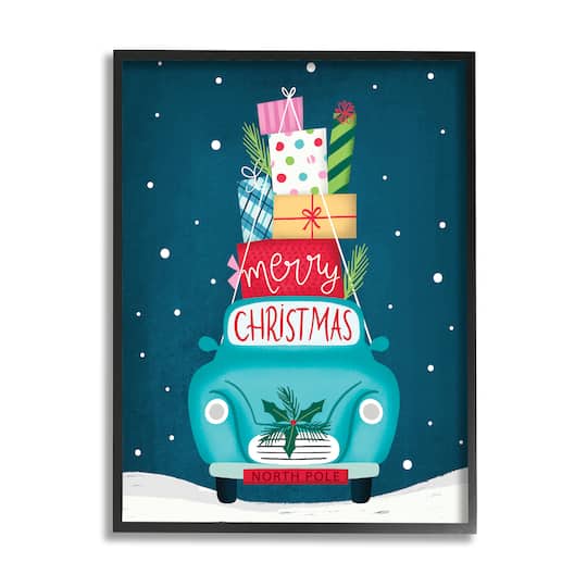 Stupell Industries Merry Christmas Stacked Gifts Car Framed Giclee Art